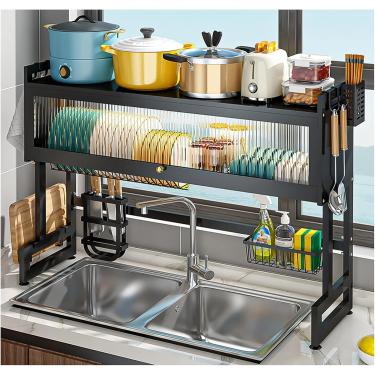 Imagem de Organizador de rack de secagem de pratos de 3 camadas, rack de armazenamento sobre pia, escorredor de pratos com tampa à prova de poeira, suporte organizador de cozinha de aço, prateleira de