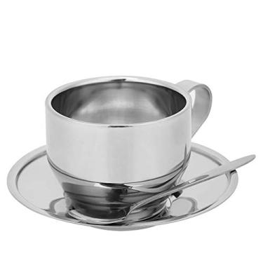 Imagem de Conjunto de xícaras de café de aço inoxidável, design com isolamento de parede dupla, canecas de latte antiescaldão, acabamento de polimento espelhado, com pires e utensílios de mesa, adequado para a