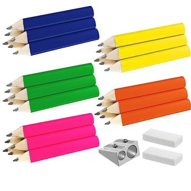 Imagem de Qilery 30 lápis triangulares curtos de cor neon, lápis triangulares de 8,5 cm, lápis triangulares para crianças, jumbo para escrever, desenhar, com apontador de lápis e 2 borrachas