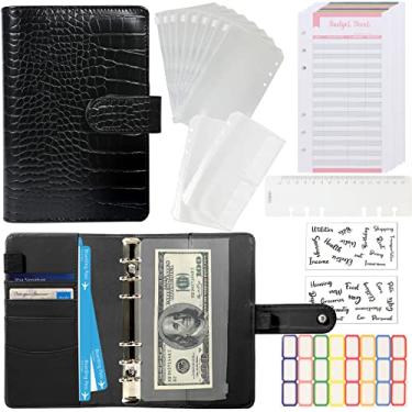 Imagem de Fichário de orçamento com envelopes com zíper – Organizador de dinheiro de couro com padrão de crocodilo, planejador de orçamento de livro de economia de dinheiro, sistema de envelope de pasta de