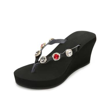 Imagem de Chinelos femininos de salto plataforma fashion coloridos strass anabela para o verão, Preto, 8.5