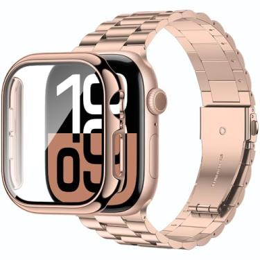 Imagem de baozai Compatível com pulseira Apple Watch de 40 mm com capa, pulseira de aço inoxidável para Apple Watch séries 6/5/4/SE3/SE2/SE, ouro rosa