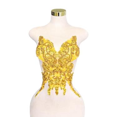 Imagem de Remendos de cristal feitos à mão com contas de renda corpete apliques DIY apliques para roupas sociais (M5-ouro)