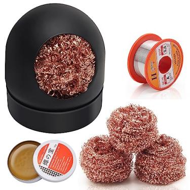 Imagem de Windspeed Kit de limpeza de ponta de ferro de solda limpador de ponta de solda de latão antiderrapante fluxo de solda ponta de latão latão limpeza latão com suporte, fluxo de solda, fio de solda 4 peças bola de fio de cobre, sem necessidade de água
