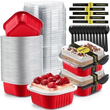 Imagem de Sliner 100 miniformas de bolo de 293 ml com tampas, folha de alumínio, descartáveis, mini copos de bolo com adesivo de garfo, formas quadradas de cupcake para cozinha, festa, casamento, aniversário