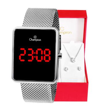 Imagem de Kit Relógio Champion Feminino Digital Quadrado Prata CH40080T + Colar e Brincos