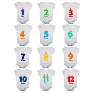 Imagem de Kit body bebê mesversario manga curta números vela 12 bodies 1 a 12 me