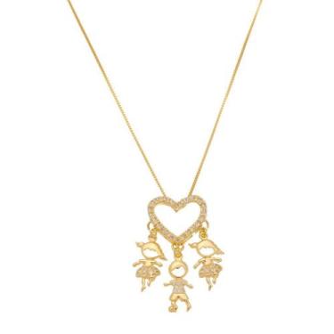 Imagem de colar com pingente 2 meninas e 1 menino banho de ouro - Jhulias joias 