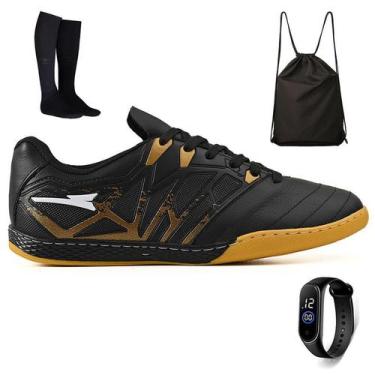 Imagem de Kit Chuteira Futsal Masculina Bico de Couro + Mochila + Meião e Relogi
