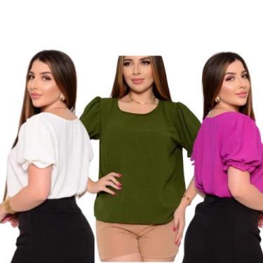 Imagem de Kit 3 Blusas Feminina Manga Curta Camiseta Básica Social - Anneguerra,