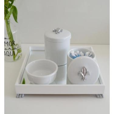 Imagem de Kit Higiene K049 Bandeja MDF Porcelanas Apliques Prata Quarto Bebê - C