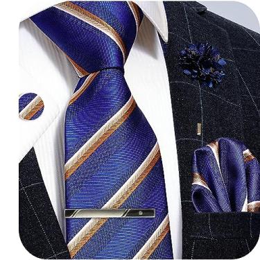 Imagem de Kerfado Conjunto de gravata masculina de seda com bolso e abotoaduras quadradas e broche de lapela, 3.35", Seda, Sem pedras preciosas