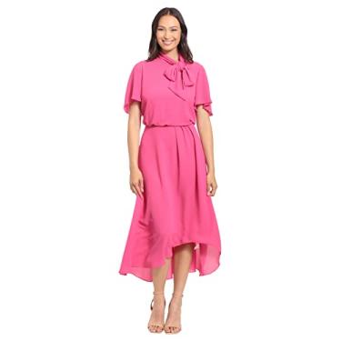 Imagem de London Times Vestido midi feminino com manga esvoaçante e gola amarrada, Rosa fúcsia, 48