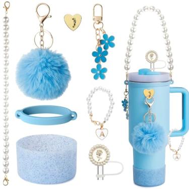 Imagem de Conjunto de acessórios de copo Stanley, bota de copo brilhante, alça de alça de garrafa de água de pérola branca e capa de palha de pérola, pingentes de chaveiro, decorações de copo para acessórios