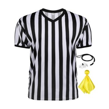 Imagem de FancyFun 3 peças de fantasia de árbitro, camisa de árbitro masculina gola V árbitro camisa para futebol futebol Halloween camisa listrada preta e branca para homens 2GG