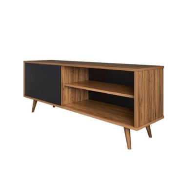 Imagem de Rack Home Para Tv Até 43 Polegadas Sala Com Porta E 2 Prateleiras PéS De Madeira Mel Com Preto