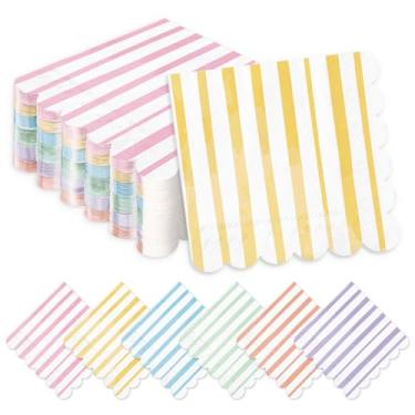 Imagem de Whaline Guardanapo de coquetel listrado com borda recortada, 6 guardanapos de papel de cor pastel, guardanapos de jantar descartáveis coloridos para artigos de chá de bebê de aniversário
