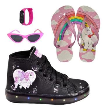 Imagem de Tênis Botinha Infantil Feminino De Led Unicórnio Cano Alto +Chinelo+Óc