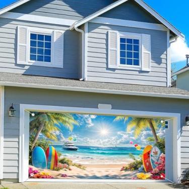 Imagem de Decoração de porta de garagem de praia havaiana, capa de porta de garagem durável à prova d'água com céu oceano flores tropicais folhas de palmeira design de prancha de surf pano de fundo oceano para