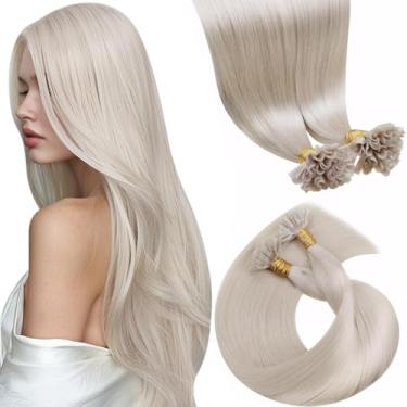 Imagem de LaaVoo Extensões de cabelo humano com ponta em U, extensões de cabelo humano loiro platinado com ponta K de 40,6 cm, extensões de cabelo humano loiro Remy Ktip queratina Fusion K Tip extensões de
