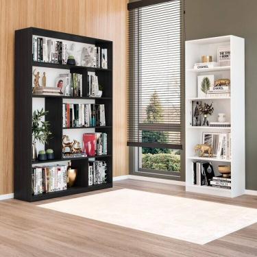Imagem de Kit com 1 Estante Multiuso 5 Nichos Montreal e 1 Estante para Livros 4 Prateleiras Seattle Branco/Preto