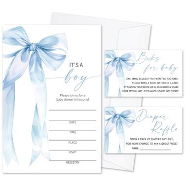 Imagem de Conjunto de convites de chá de bebê Blue Bow para meninas, 25 conjuntos de convites de preenchimento com envelopes sorteio de fraldas e cartões de solicitação de livro para anúncio de bebê,