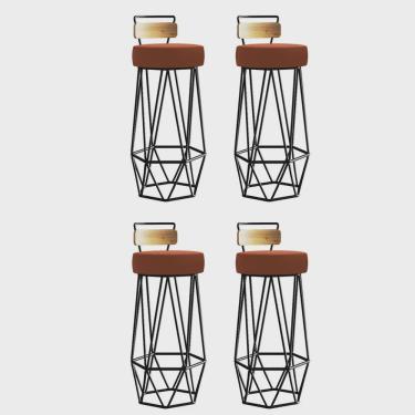 Imagem de Kit 04 Banqueta Com Encosto Botti Hexágono Cozinha Peroba Rosa Ferro Preto Corino Laranja - Ahz Móveis