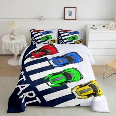 Imagem de jejeloiu Conjunto de cama casal com desenho animado de carro de corrida, colorido, para crianças, conjunto de edredom de carro fofo, 3 peças