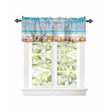 Imagem de Cortinas curtas com bolso para varão de janela, estrela do mar, concha do mar, para cozinha, cortina de verão, oceano, litoral, sanefa, tratamento de janela, para quarto, sala de estar, banheiro, 137