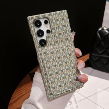 Imagem de Capa de telefone com compartimento para cartão de tecido xadrez colorido para Samsung S24 S22 S23 Ultra à prova de choque Capa protetora tipo carteira, verde, para Samsung S24