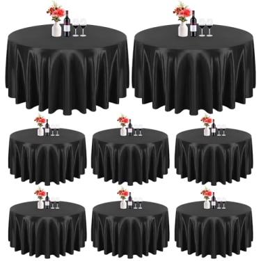 Imagem de Pacote com 8 toalhas de mesa pretas de cetim sedoso redondo de 300 cm, toalha de mesa de tecido lavável de seda brilhante, sobreposição de toalha de mesa sedosa para festa de casamento, banquete