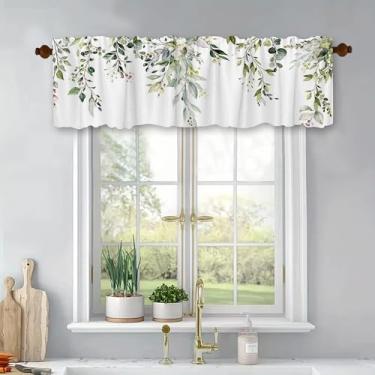 Imagem de Cortinas de cozinha verde-sálvia folhas de eucalipto sanefas aquarela flores florais plantas botânicas casa de fazenda tratamento de janela para quarto sala de estar tratamento poliéster 54x18