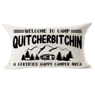 Imagem de FELENIW Welcome to Camp Capa de almofada decorativa para carro Quitcherbitchin Moutain capa de almofada decorativa de algodão linho lombar para sofá ao ar livre sofá-cama 30 x 50 polegadas (branca)