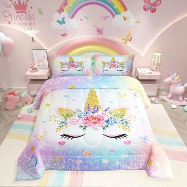 Imagem de Erosebridal Conjunto de edredom solteiro, unicórnios florais, desenho animado, animal, azul, roxo, gradiente, arco-íris, céu estrelado