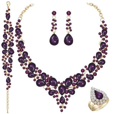 Imagem de Paxuan Conjuntos de joias de casamento de cristal para mulheres strass, gota, cristal, declaração, gargantilha, brincos, pulseiras, anéis, lágrima, conjunto de joias para noivas, damas de honra