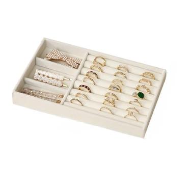 Imagem de Porta Jóias de Veludo para Closet Gavetas Bandeja Organizador de Bijuterias Anel Brinco Relógio Pulseira e Colares (BEGE (BAN-03))