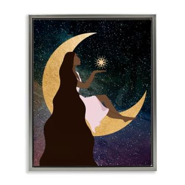 Imagem de Stupell Industries Design de parede em tela flutuante emoldurada Woman on Moon with Starlight Gray por Daniela Santiago, 25 x 31