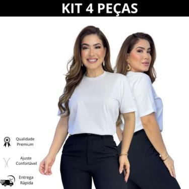 Imagem de Kit 4 Blusas Femininas Tshirts 100% Algodão Baby Look - Nenfa, Branco,