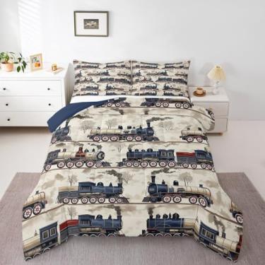 Imagem de Erosebridal Conjunto de cama infantil vintage de trem a vapor para amantes de carros, meninos retrô clássico motor a vapor veículos edredom locomotiva ferrovia atemporal conjunto de edredom com 1