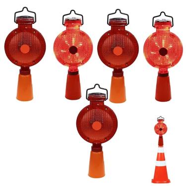 Imagem de Sinalizador Viario Solar Cone Kit 5 Uni Sinalizaçao Automatico Iluminaçao LED Obra Estrada Rodovia Rua Fiscalizaçao Segurança