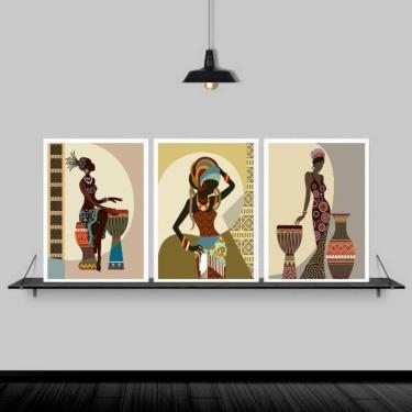 Imagem de Kit Quadros Arte Africana Mulheres 24X18Cm Com Vidro 3 Peças