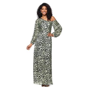 Imagem de Betsy & Adam Vestido feminino longo, ombro de fora, manga comprida, vestido metálico, Verde/dourado, 36