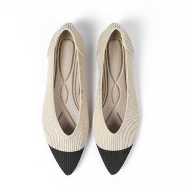 Imagem de HAPUSS Sapatilhas Femininas De Malha Com Bico Fino, Elegantes E Confortáveis, Tamanho 7 A 5, Creme Preto