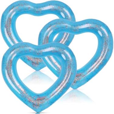 Imagem de 3 peças de boia inflável de coração para piscina, anéis de natação infláveis com glitter, tubo flutuante de festa de despedida de solteira, anel de natação de verão em forma de coração, festa na praia