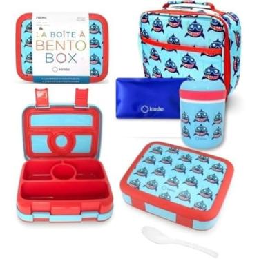 Imagem de Lancheira Bento com conjunto térmico para crianças, 4 compartimentos, lancheira isolada, pote de comida de aço inoxidável, tubarão azul bebê