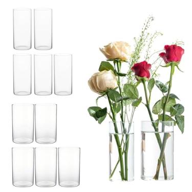 Imagem de CHPINDAM Vaso cilíndrico de vidro - Conjunto de 12 vasos transparentes de 15 cm de altura para casamentos, centros de mesa, velas flutuantes - Perfeito para decoração de mesa, festas, casa e eventos