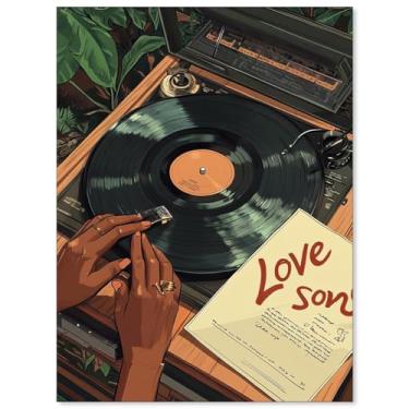 Imagem de Arte de parede de disco de vinil musical moderna mulher negra pôster vintage canção de amor impressões em tela estética para sala de estar quarto dormitório decoração de parede 30,5 x 40,6 cm sem