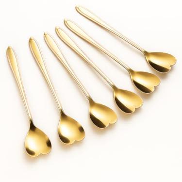 Imagem de Kit Colher Coração Fofa para Cozinha Mesa Posta Douradas Café Sobremesa Chá Aço Inoxidável Kit Com 6 Colheres Coração