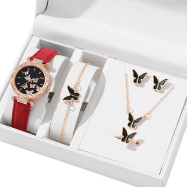 Imagem de YUELER 6 pçs/conjunto de relógios de luxo femininos anéis colar brincos conjunto pulseira de couro borboleta relógios senhora relógio de pulso