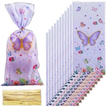 Imagem de SOFPLATE 100 peças, saco plástico borboleta de 27 x 12 cm, pequenas bolsas de celofane com laços dourados, sacos retangulares para embrulhar alimentos para biscoitos, sabonete, doces, padaria